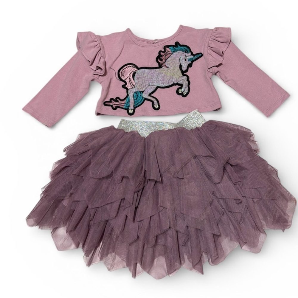 Pippa & Julie Unicorn Tutu Skirt Set | Girls 18M Pink Long Sleeve Outfit